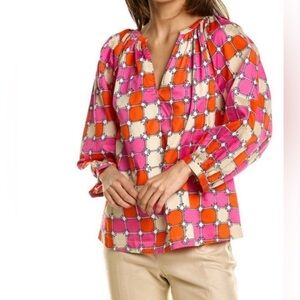 Trina Turk Cornelia Organic Cotton Top V Neck Maximalist Print Pink Blouse Sz XS